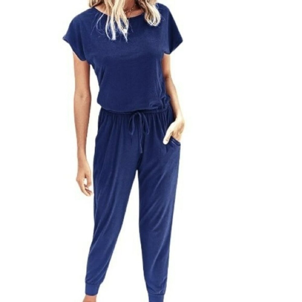 Pretty Garden Jumpsuit with Pockets NWT Elastic Waist Blue Medium